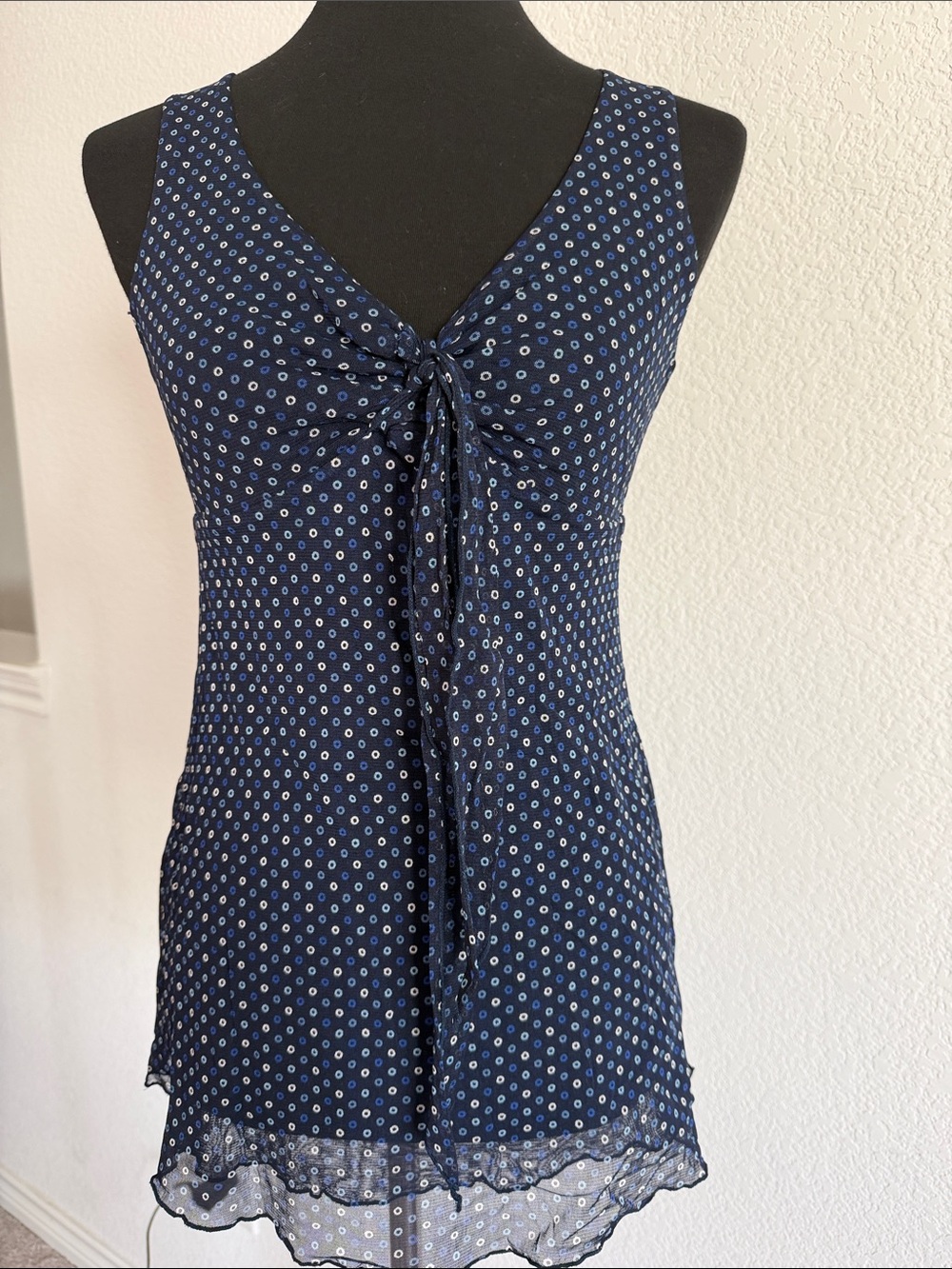 New York & Company Navy Blue Polka Dot Tie-Front Sleeveless Blouse
